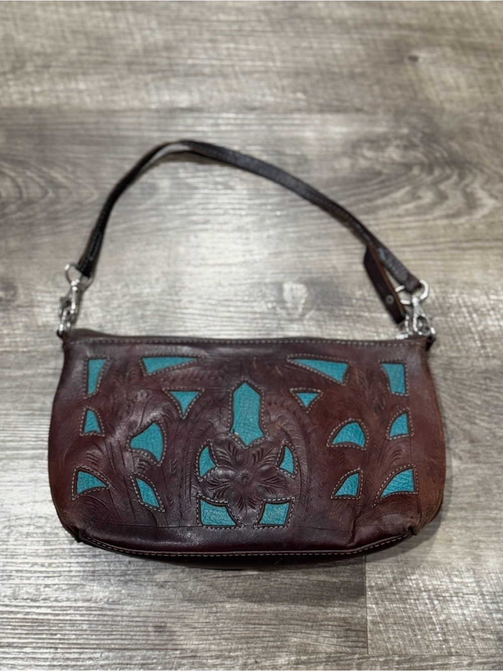 Leaders in Leather Turquoise Brown Shoulder Bag Laser Cut Out Detail